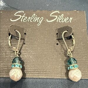 Sterling 925 Silver Teal and Cream Earrings